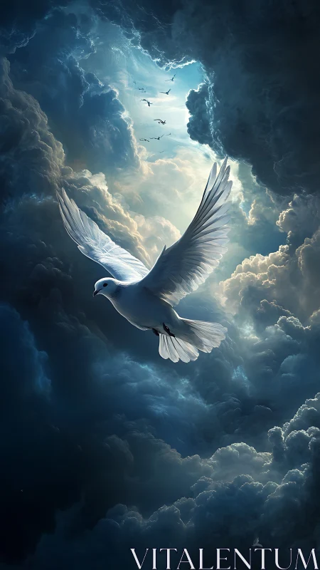 Soaring white dove ascending through storm-split heavens.