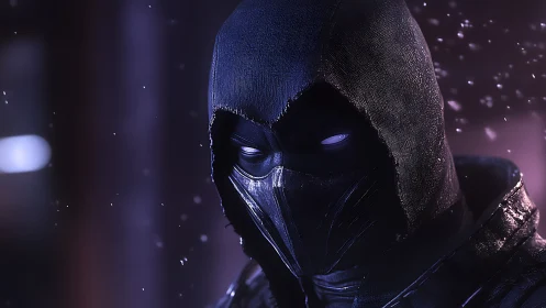 Midnight hooded sentinel studies the snowlit neon hush