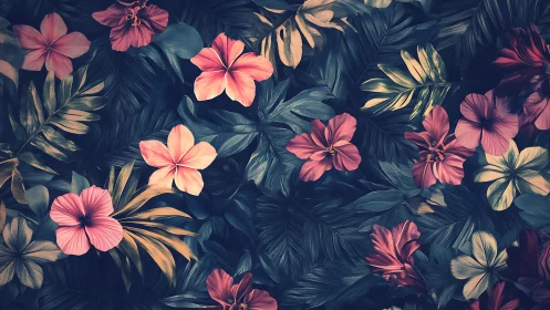 Tropical Floral Composition with Pink Blooms and Verdant Foliage. Dark Background.