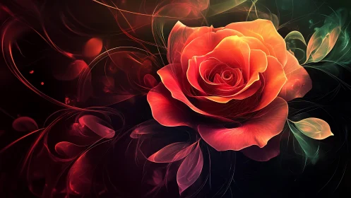 Luminescent Rose with Flowing Swirled Ornamental Flourishes