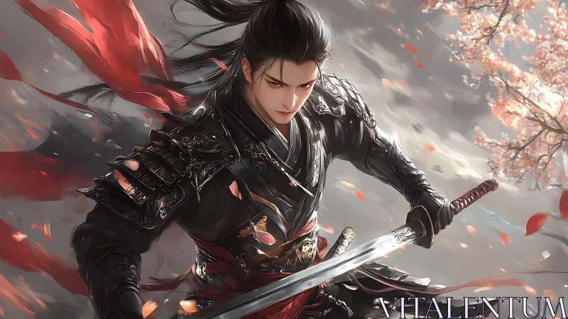 Armored swordsman amid turbulent petals in dynamic motion field.