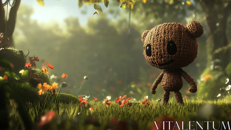 Woven teddy character explores a sunlit forest meadow.