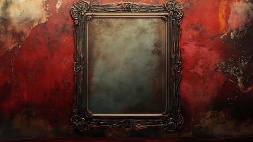 Empty ornate frame quietly devours the crimson wall