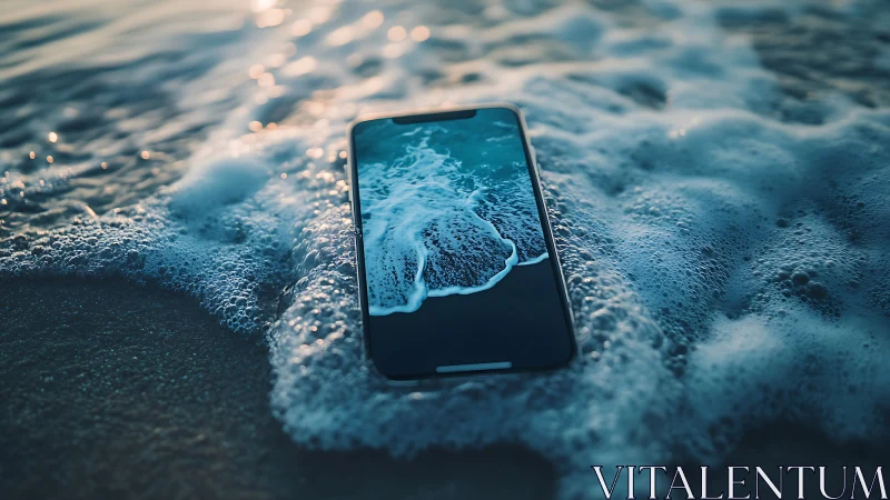 Smartphone lies in foamy seawater on a sandy shore.