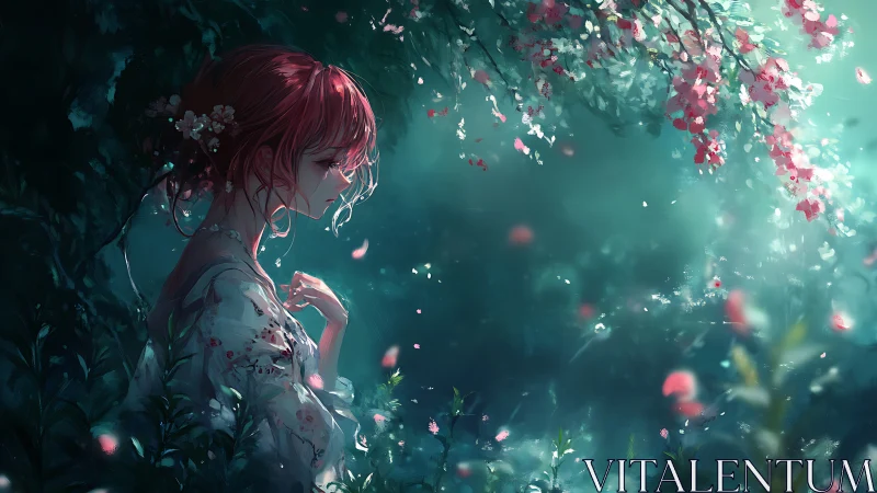 Solitary red haired girl in teal forest glade with blossoms