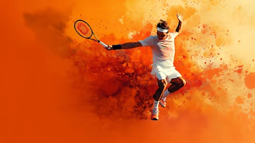 Dynamic tennis player explodes from a vivid orange backdrop