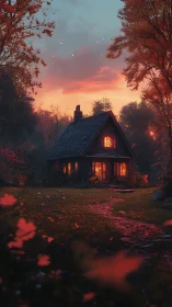 Cozy forest cottage glowing under a gentle autumn sunset.