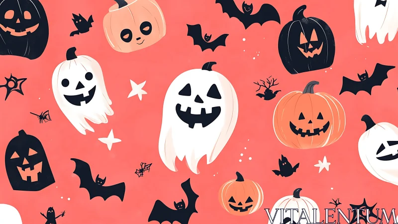 Playful Halloween ghosts, pumpkins and bats on coral background.