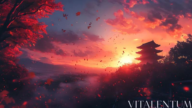 Sunset illuminates distant pagoda amid red autumn foliage