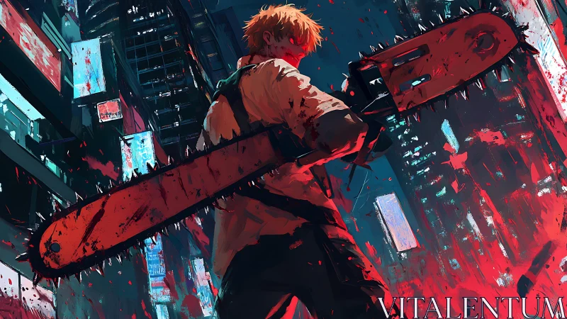 Blood-soaked chainsaw warrior dominates neon urban skyline.