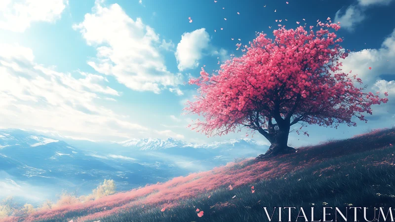 Blossoming cherry tree crowns pastel hillside beneath vast sky.