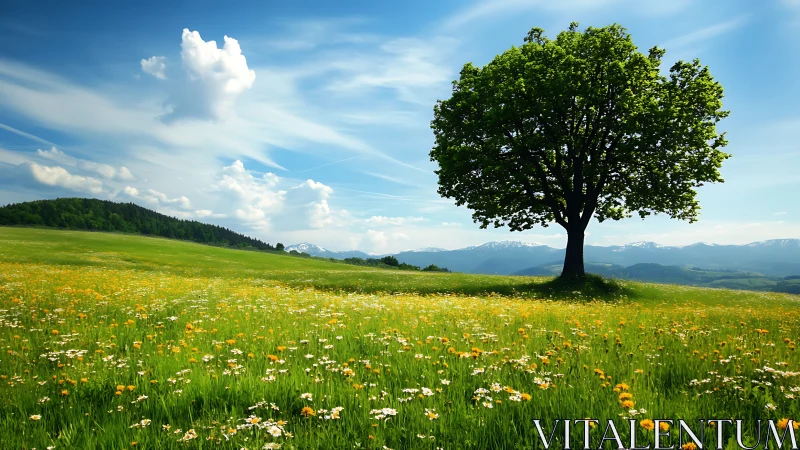 Solitary summer tree above wildflower alpine meadow.