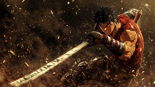 Kinetic anime swordsman in mid-swing amid ember particles.