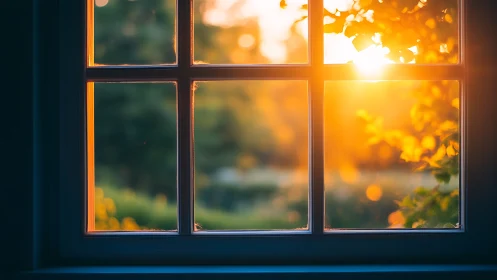 Sunlit garden window glows with warm golden evening light.