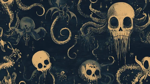 Dripping skulls and tentacles in occult horror pattern design.