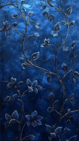 Midnight blue floral vines curl gently across textured sky