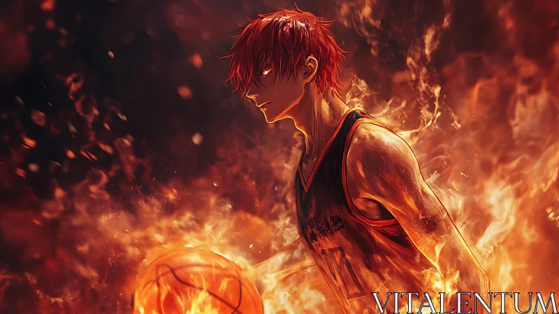Blazing anime basketball hero strides forward with fiery heart
