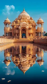 Ornate domed temple mirrored in tranquil reflective pool.