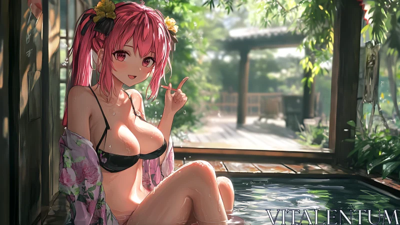 Pink haired anime girl relaxes in sunlit outdoor onsen
