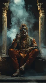 Regal mystic seated in swirling temple smoke and soft gold light.