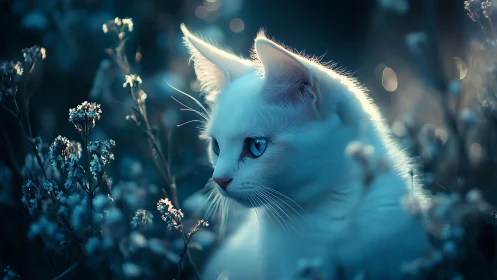 White Cat's Magical Garden Moment in Ethereal Blue Light.