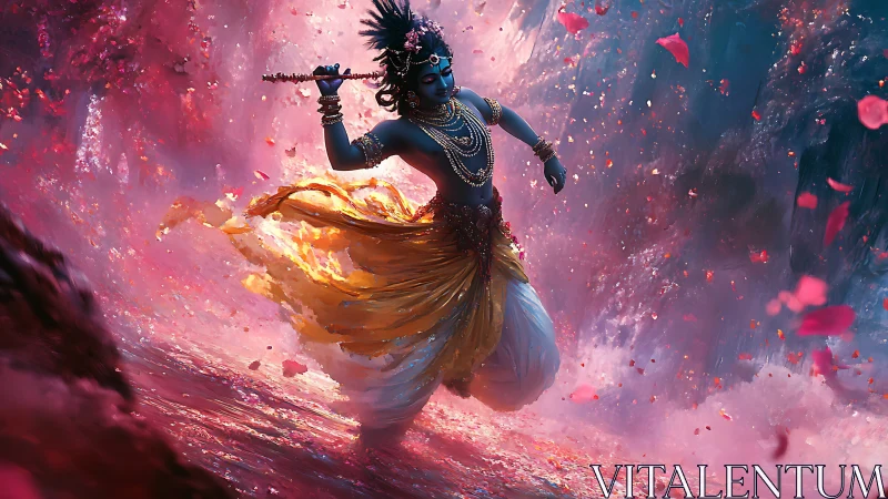 Divine dancer amid cascading petals and cosmic mist.