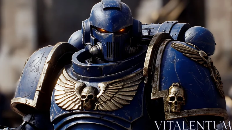 Armored blue super-soldier with glowing eyes stands ready