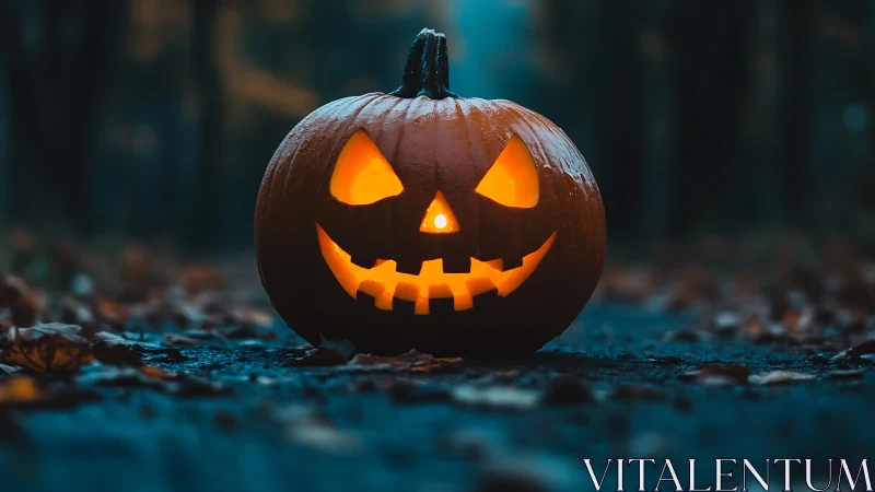 Carved jack o lantern on forest path at dusk outdoors.