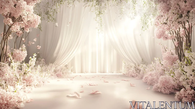 Digital painting of ethereal floral aisle with draped backdrop.