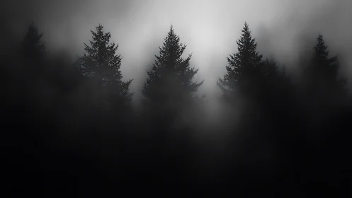 Backlit conifer silhouettes emerging through dense valley fog.
