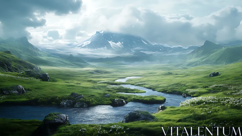 Digital painting of alpine river valley under diffuse atmospheric light.