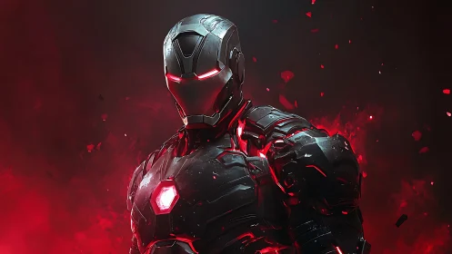 Armored cyber warrior glows within red embers storm.