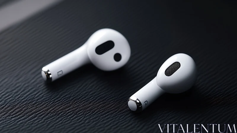Wireless white earbuds rest on textured dark surface
