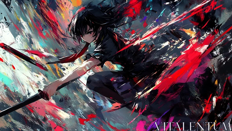 Kinetic anime swordswoman amid turbulent abstract chroma field.
