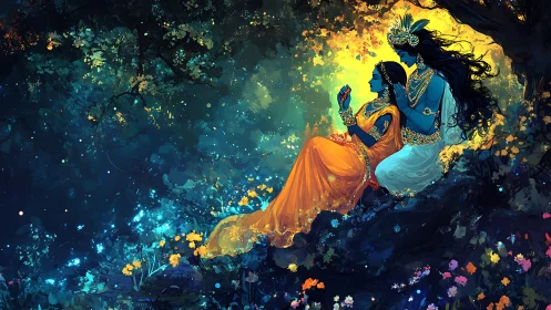 Ethereal Krishna in Mystical Garden at Twilight.