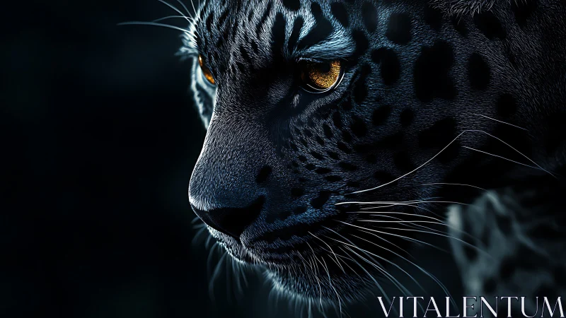 Black Leopard's Piercing Golden Gaze in Darkness.