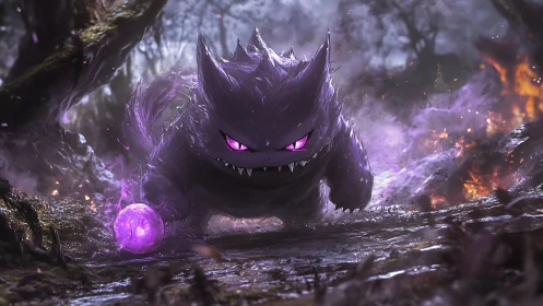 Gengar holds glowing orb while advancing through burning forest