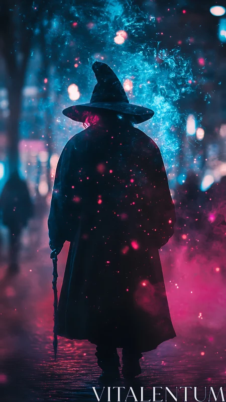 Silhouetted street wizard in glowing neon magic haze.