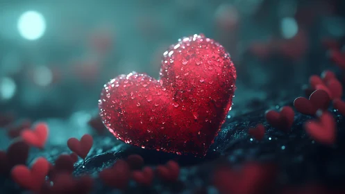 Crystalline Heart with Frost Dewdrops on Teal Bokeh Background.