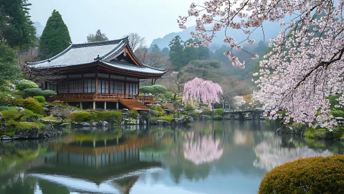 Tranquil lakeside temple embraced by soft spring blossoms.
