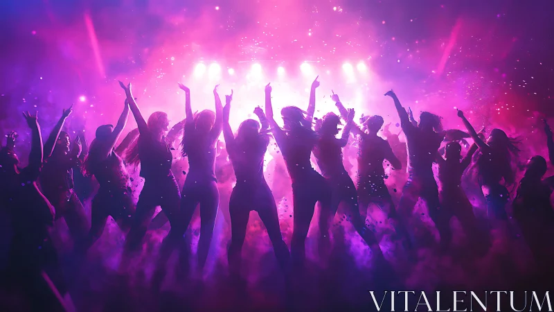 Silhouetted crowd stands under magenta and violet stage lighting