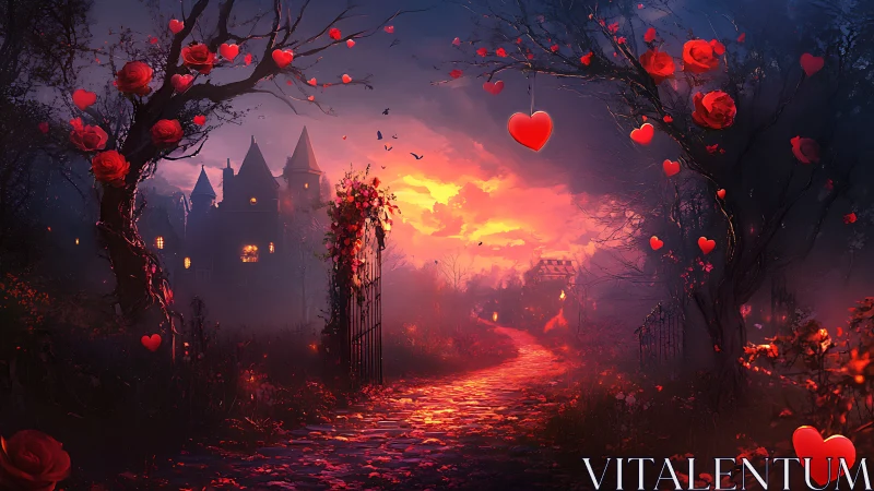 Gothic castle at sunset framed by hearts and roses in romantic fantasy landscape