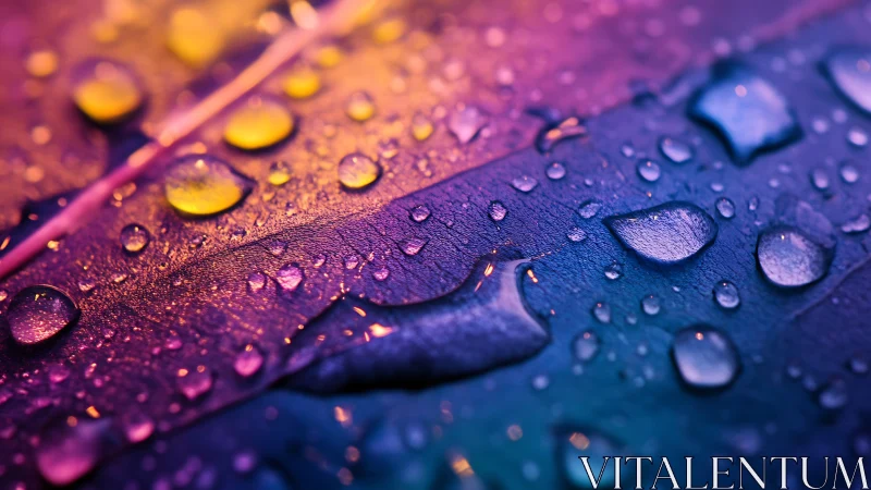 Macro water droplets glow across iridescent leaf surface