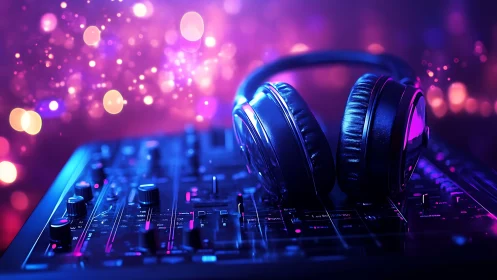 DJ headphones resting on neon-lit mixer in vibrant bokeh glow.