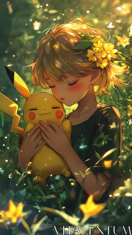 Sunlit anime child embracing Pikachu amid glowing meadow