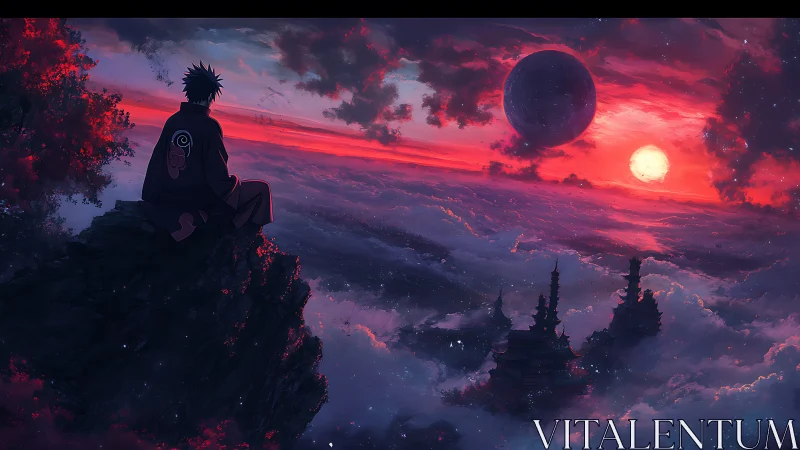 Solitary anime figure surveys twin orbs above ethereal cloudscape