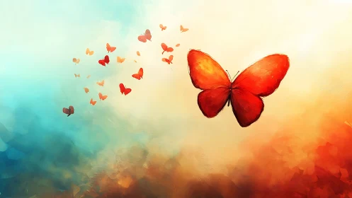 Red butterflies fly across warm gradient sky background