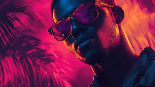 Neon-lit portrait isolates cool subject in tropical glow