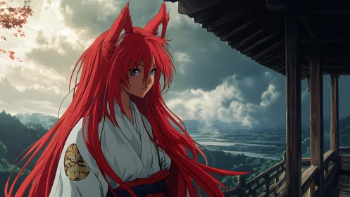 Fox-eared guardian gazes over a stormlit valley in silence