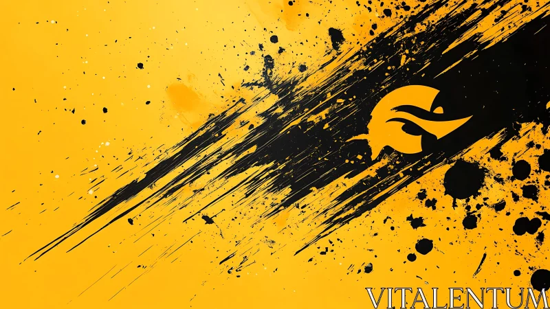 Bold yellow and black abstract splash with stylized hawk logo.